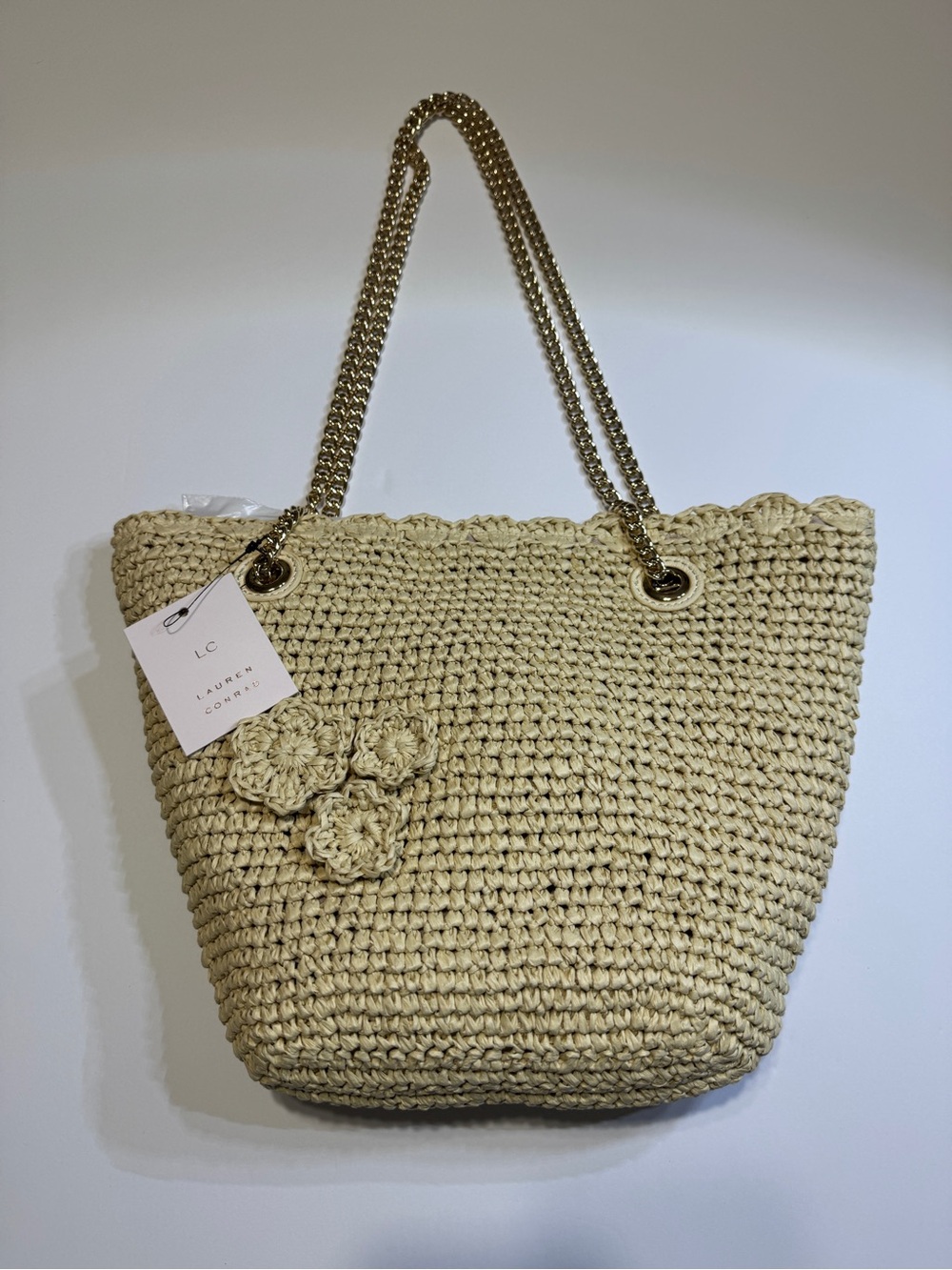 LC Lauren Conrad Beige Crochet Tote with Gold Chain Straps